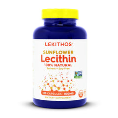 Lekithos sunflower lecithin capsules closeup, 800 mg per capsule for easy dosing