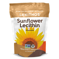 Lekithos Sunflower Lecithin Granules bottle view for vegan emulsification in recipes.