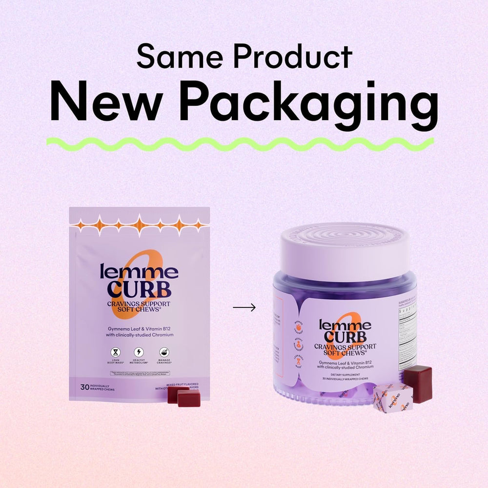 Lemme Curb Cravings soft chews bottle top shows portable packaging for on the go routines.
