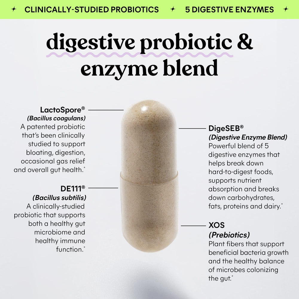 Lemme Debloat capsules closeup highlighting five enzymes for better digestion