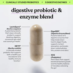 Lemme Debloat capsules closeup highlighting five enzymes for better digestion