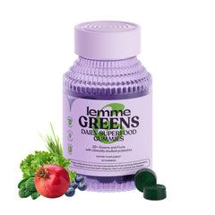 Lemme Greens Gummies packaging showcases convenient daily wellness with berry-flavored superfood blend.