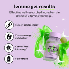 Lemme Matcha Energy Gummies packaging close-up highlights gluten-free, non-GMO ingredients.