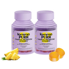 Lemme Purr bottle front with pineapple gummies for vaginal balance.