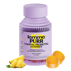 Lemme Purr pineapple gummies bottle showing convenient daily vaginal health support