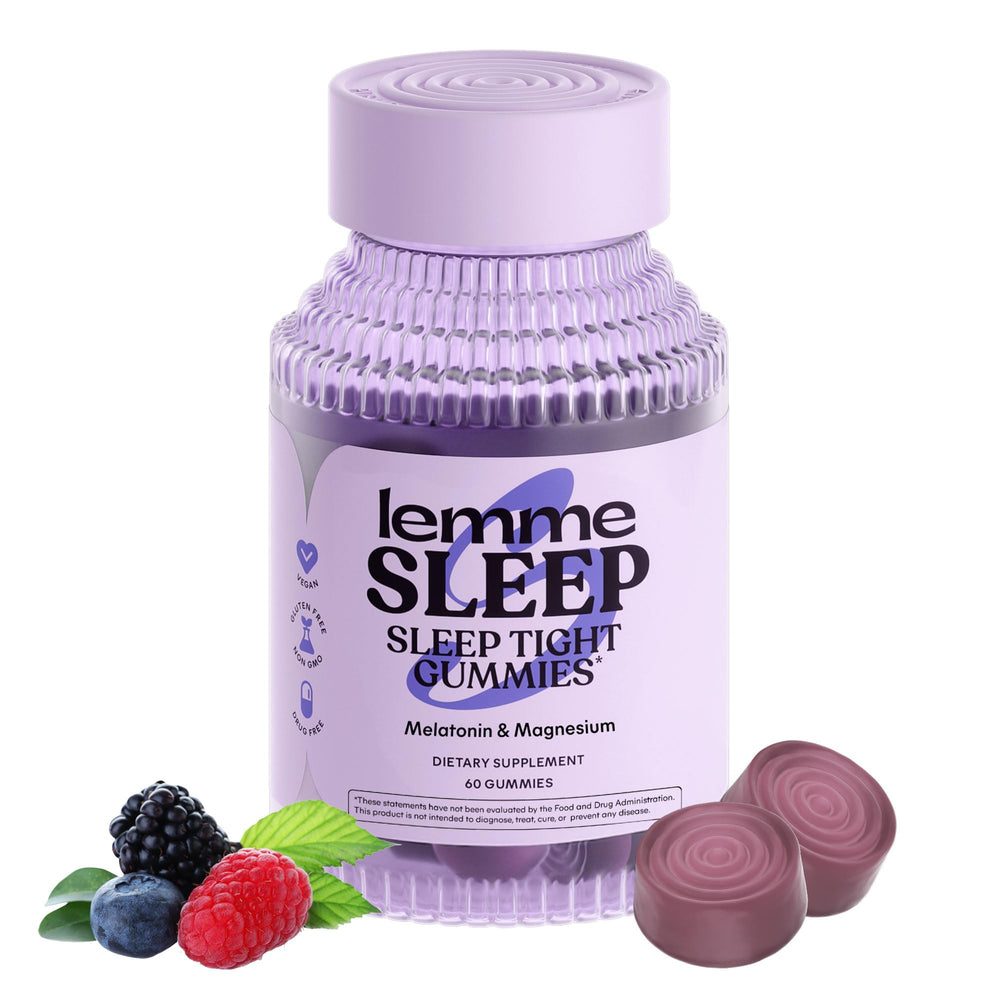 Lemme Sleep Gummies jar front shows berry flavor and drug-free sleep support.