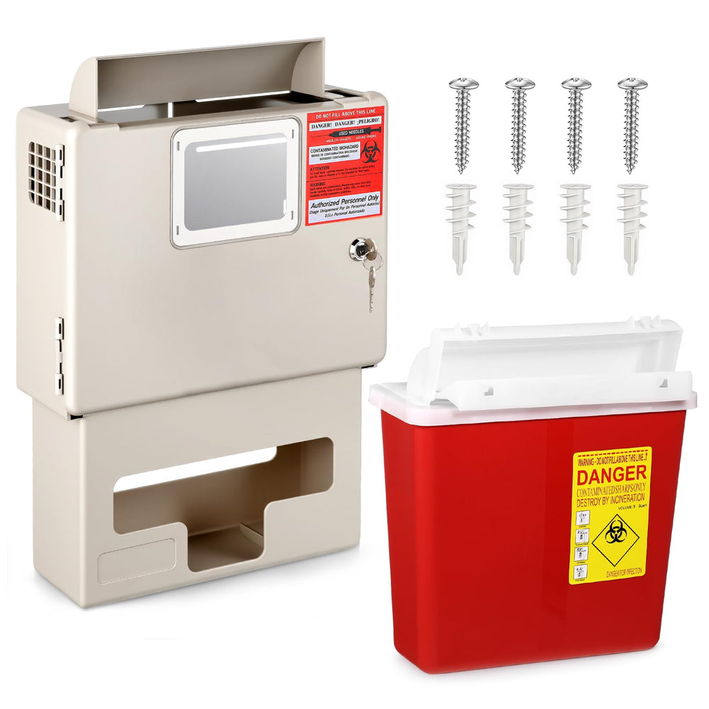 LemonRoad wall-mounted sharps cabinet with 5-quart container for organized disposal in clinics