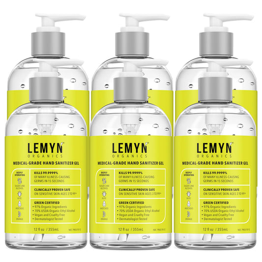Lemyn Organics hand sanitizer gel bottle with pump for quick, convenient sanitizing on the go