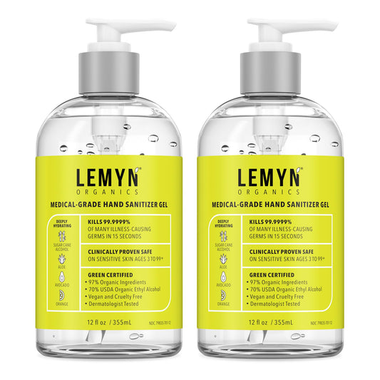 Lemyn Organics hand sanitizer gel bottle front — fast protection on the go.