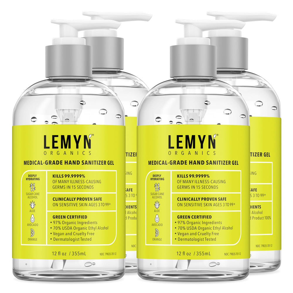 Lemyn Organics hand sanitizer gel bottle top view for quick protection on the go