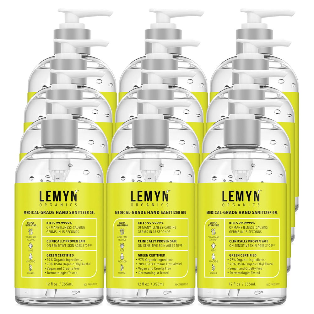 Lemyn Organics hand sanitizer gel bottle close-up showing citrus scent and gentle formula