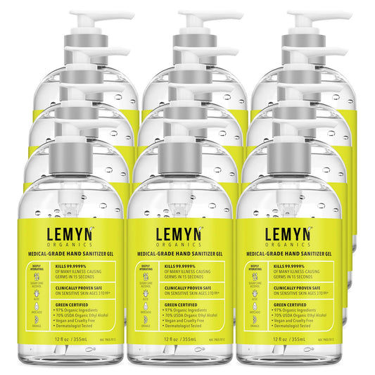 Lemyn Organics hand sanitizer gel bottle close-up showing citrus scent and gentle formula