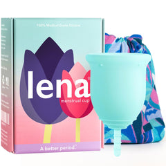 Lena Cup Original front view shows the large turquoise cup ready for easy insertion.