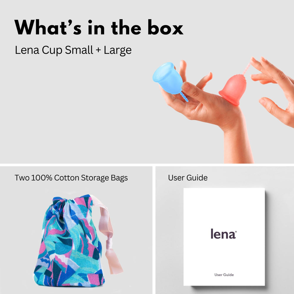 LENA original large turquoise cup designed for heavier flow overnight protection.
