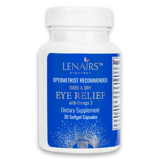 LENAIRS softgels bottle close-up for eye health support.