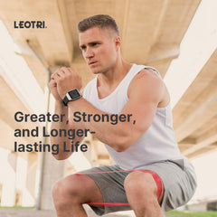 Leotri bottle and capsules on a gym mat suggesting post-workout recovery.