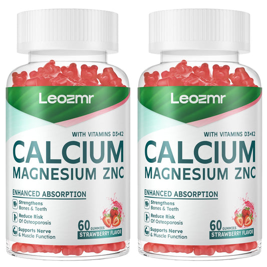 Leozmr Calcium Magnesium Zinc gummies strawberry bottle offers convenient daily supplementation.