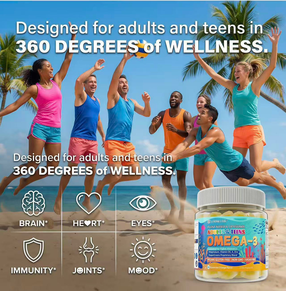 Lerinettia vegan omega3 gummies liquid core highlights algae DHA absorption.