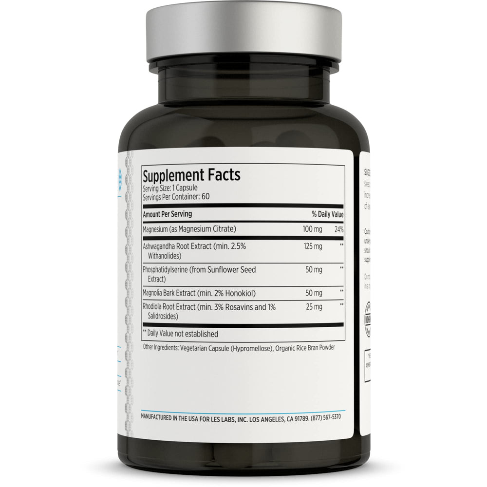 LES Labs Cortisol Health capsules in the bottle cap close-up highlight easy daily use.