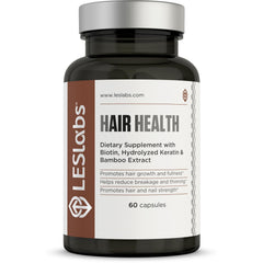 LES Labs Hair Health bottle on display, potential daily wellness support for hair and nails.