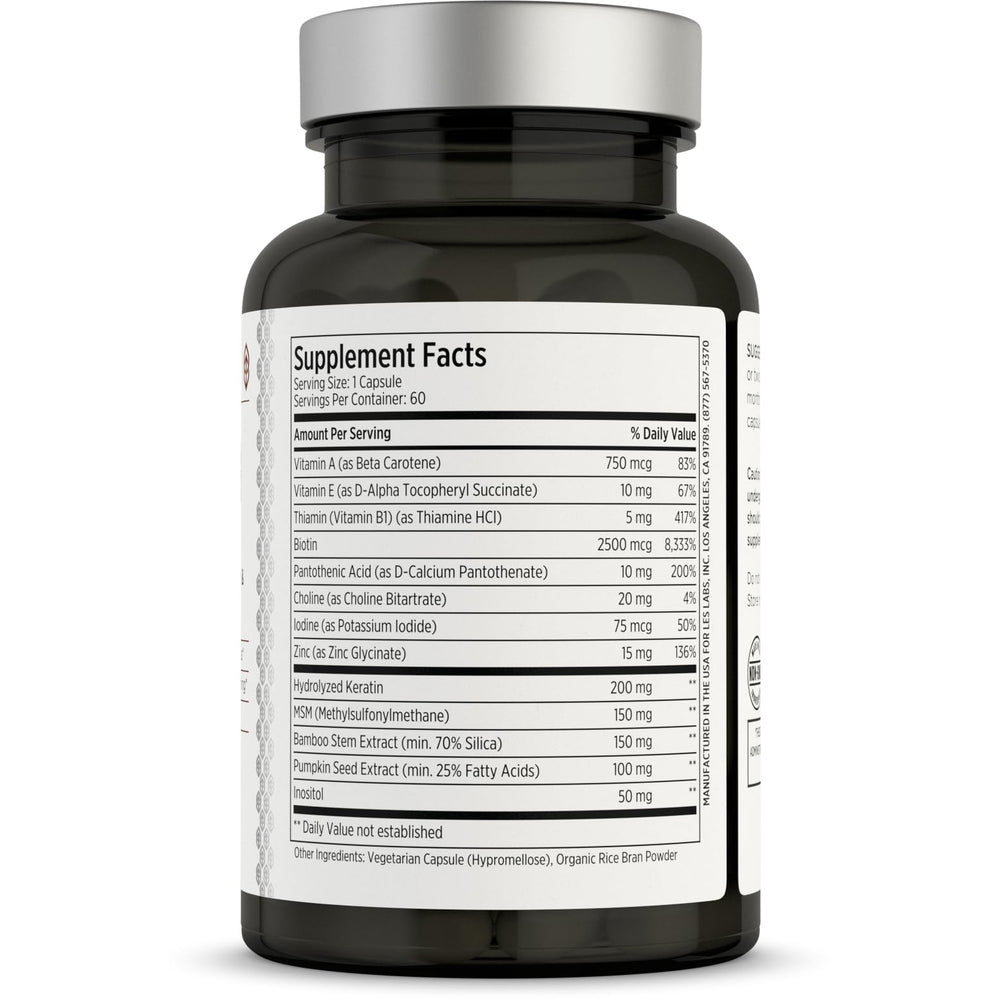 LES Labs Hair Health capsules close-up, showcasing keratin and biotin focus.