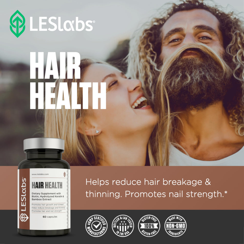 Ingredients list visual for LES Labs Hair Health, featuring keratin, MSM, and pumpkin seed.