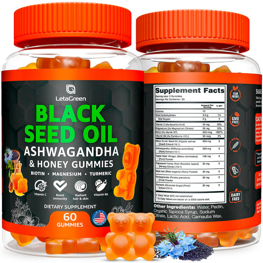 LetaGreen Black Seed Oil Gummies bottle with gummies highlighting convenient wellness on the go.