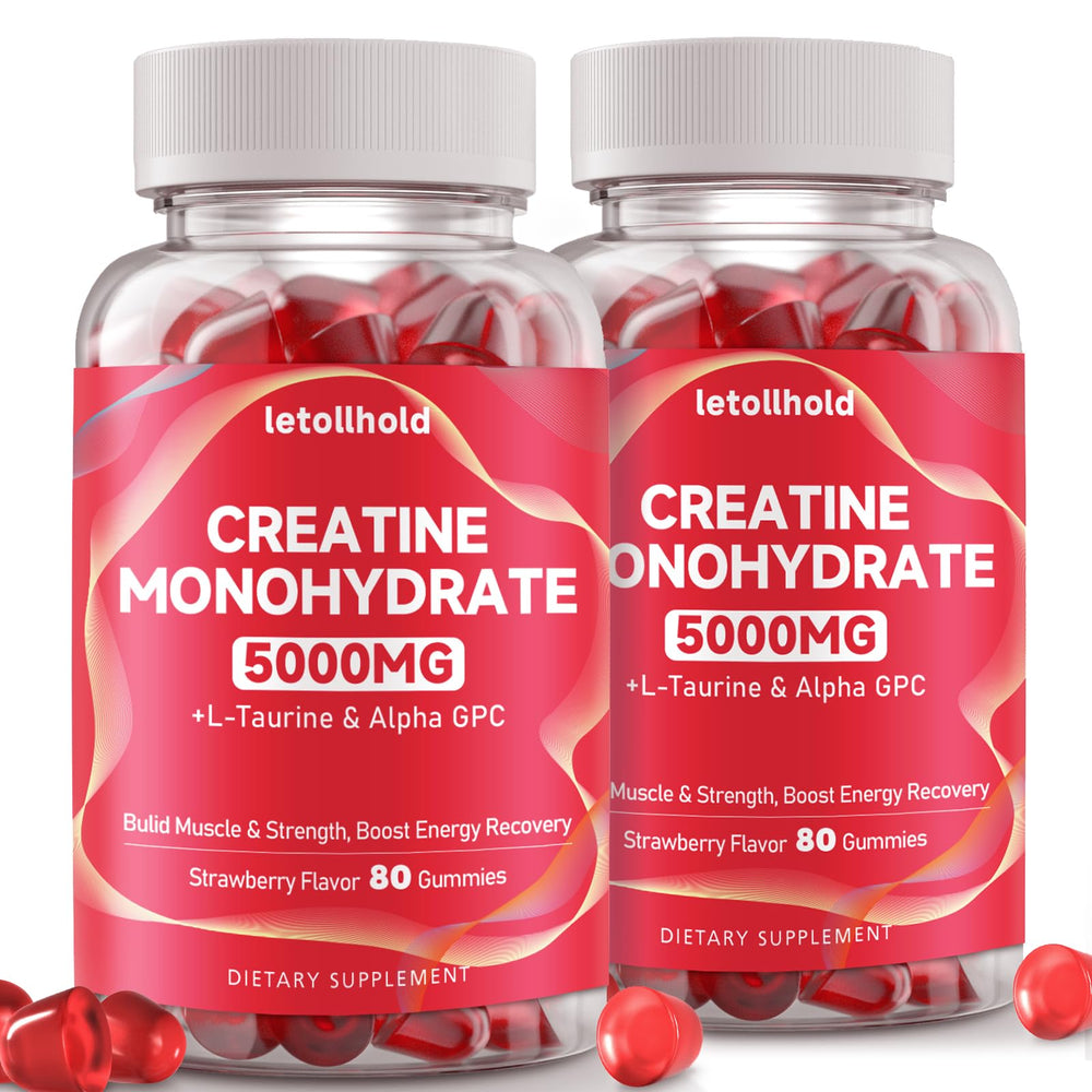 Letollhold creatine gummies bottle front with strawberry flavor and vegan formula.