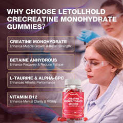 Letollhold creatine gummies bottle label highlights 5g per serving and non-GMO.