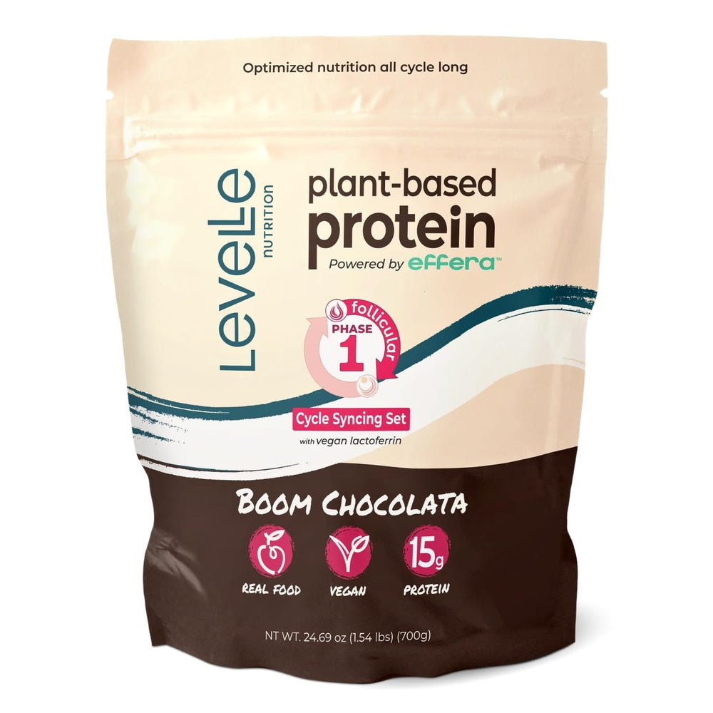 Levelle Boom Chocolata powder canister providing clean plant-based protein for steady energy.