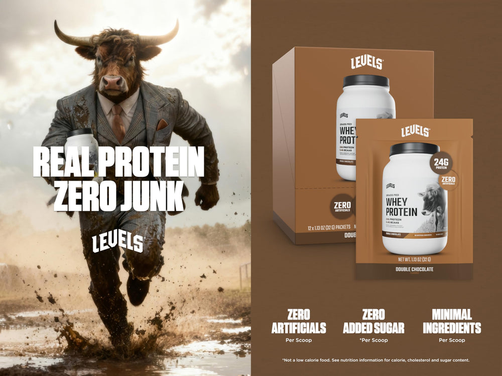 Levels Double Chocolate whey scoop showing 24g protein per serving.