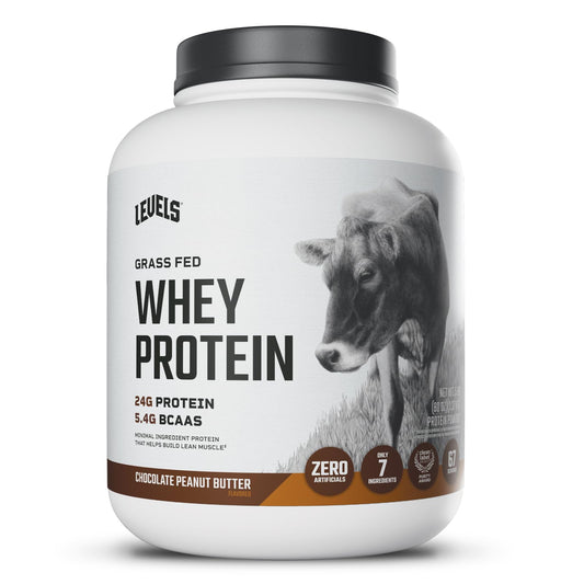 Levels Grass Fed Whey canister on display for premium protein