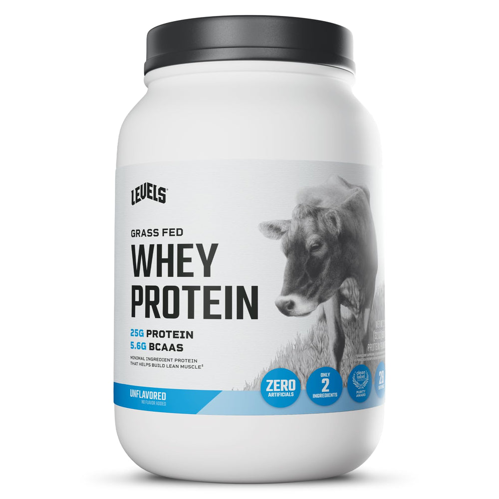 Levels grass fed whey protein powder unflavored 2 lb packaging for clean daily protein