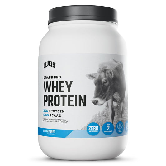 Levels grass fed whey protein powder unflavored 2 lb packaging for clean daily protein