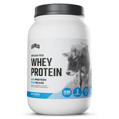 Levels grass fed whey protein powder unflavored 2 lb packaging for clean daily protein