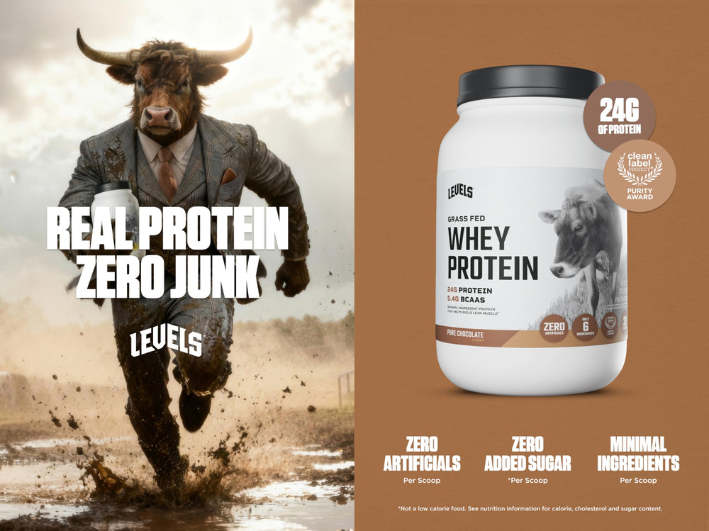 Levels Grass Fed Whey protein scoop shows 24 g protein per serving