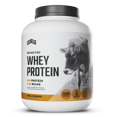 Levels Grass-Fed Whey Protein Vanilla Cinnamon bag highlights 24g protein per scoop for workouts.