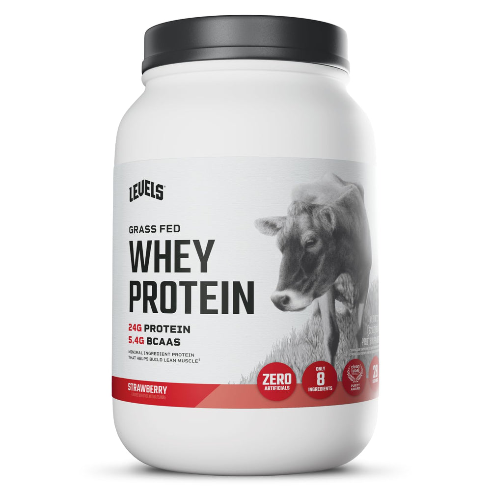 Levels Grass Fed Whey Strawberry bottle emphasizes clean ingredients for daily protein fueling
