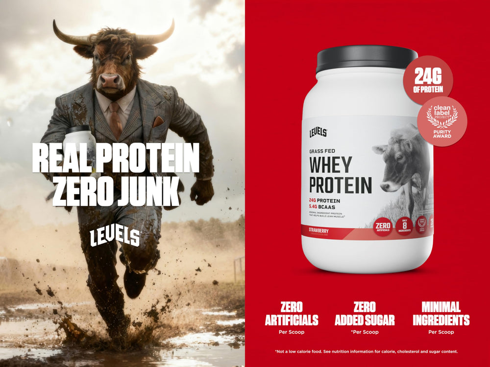Levels Strawberry whey scoop highlights 24g protein per serving for daily fueling