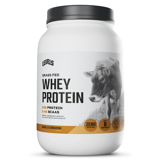 Levels Grass-Fed Whey Vanilla Cinnamon tub shows clean, hormone-free protein.