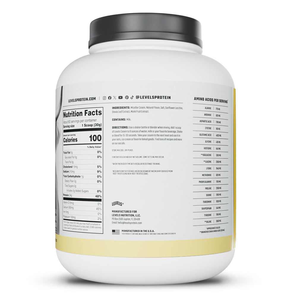 Levels Nutrition Vanilla Bean Casein jar on counter with clean label