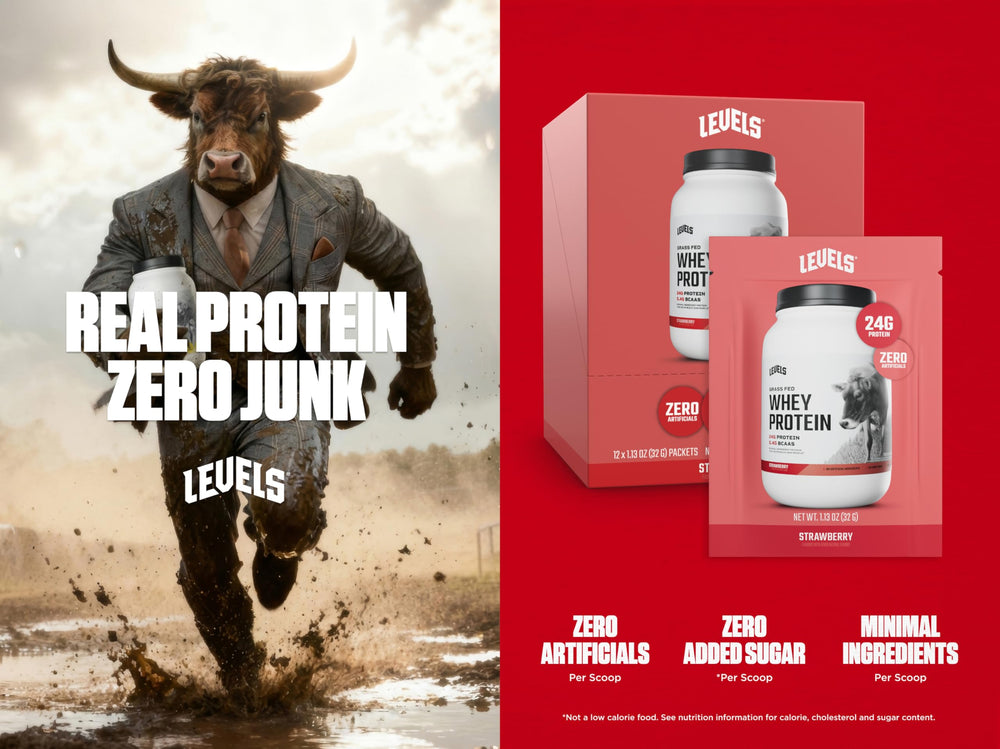 Levels Strawberry whey powder ready to blend into a smoothie.