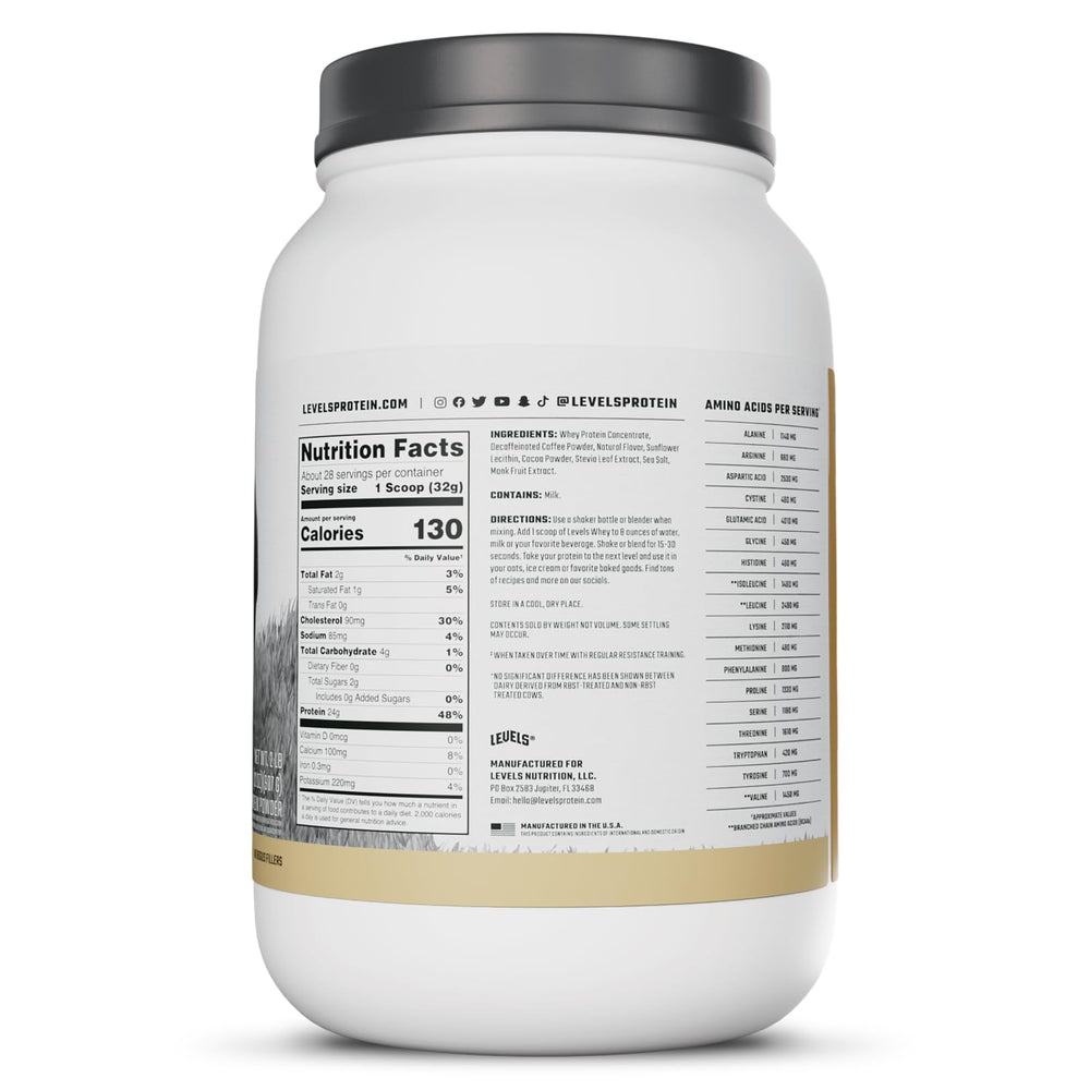 Levels whey no artificial flavors, clean ingredient profile for daily use.