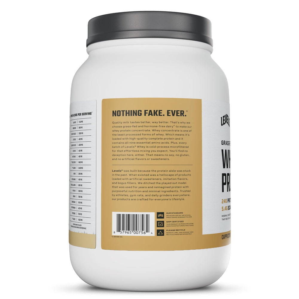 Levels whey protein shake in glass, post-workout drink ready to enjoy.