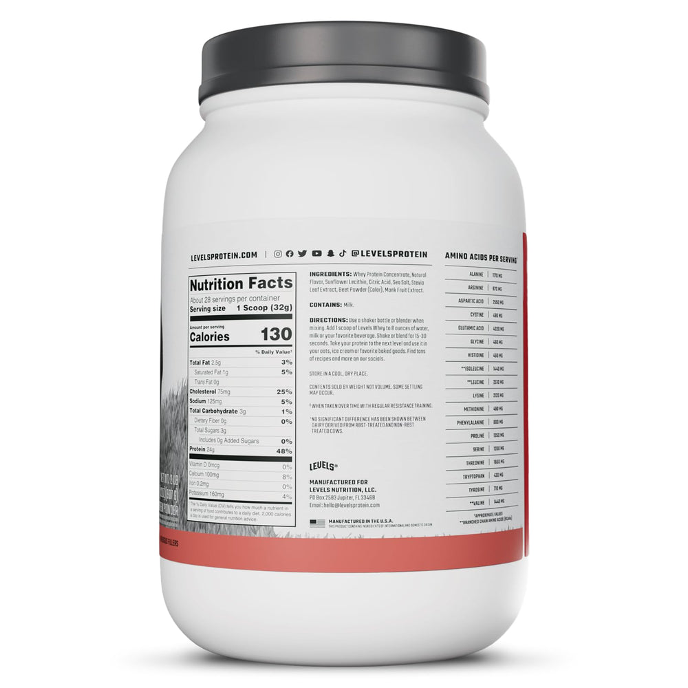 Levels Strawberry whey label highlights natural flavor and no artificial sweeteners