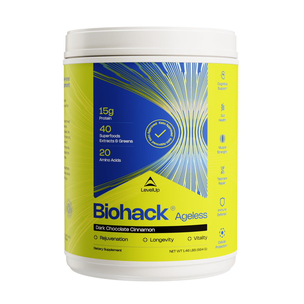 LevelUp Biohack Ageless jar in dark chocolate cinnamon flavor for daily vitality.