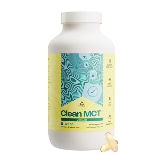 LevelUp Clean MCT Oil Capsules bottle shown for easy daily energy support.