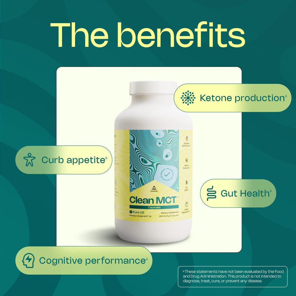 LevelUp Clean MCT Oil Capsules packaging label highlights 100% C8 caprylic content.