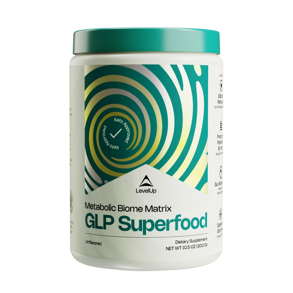 LevelUp GLP Superfood bottle highlights Akkermansia for daily gut balance.