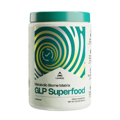 LevelUp GLP Superfood bottle highlights Akkermansia for daily gut balance.